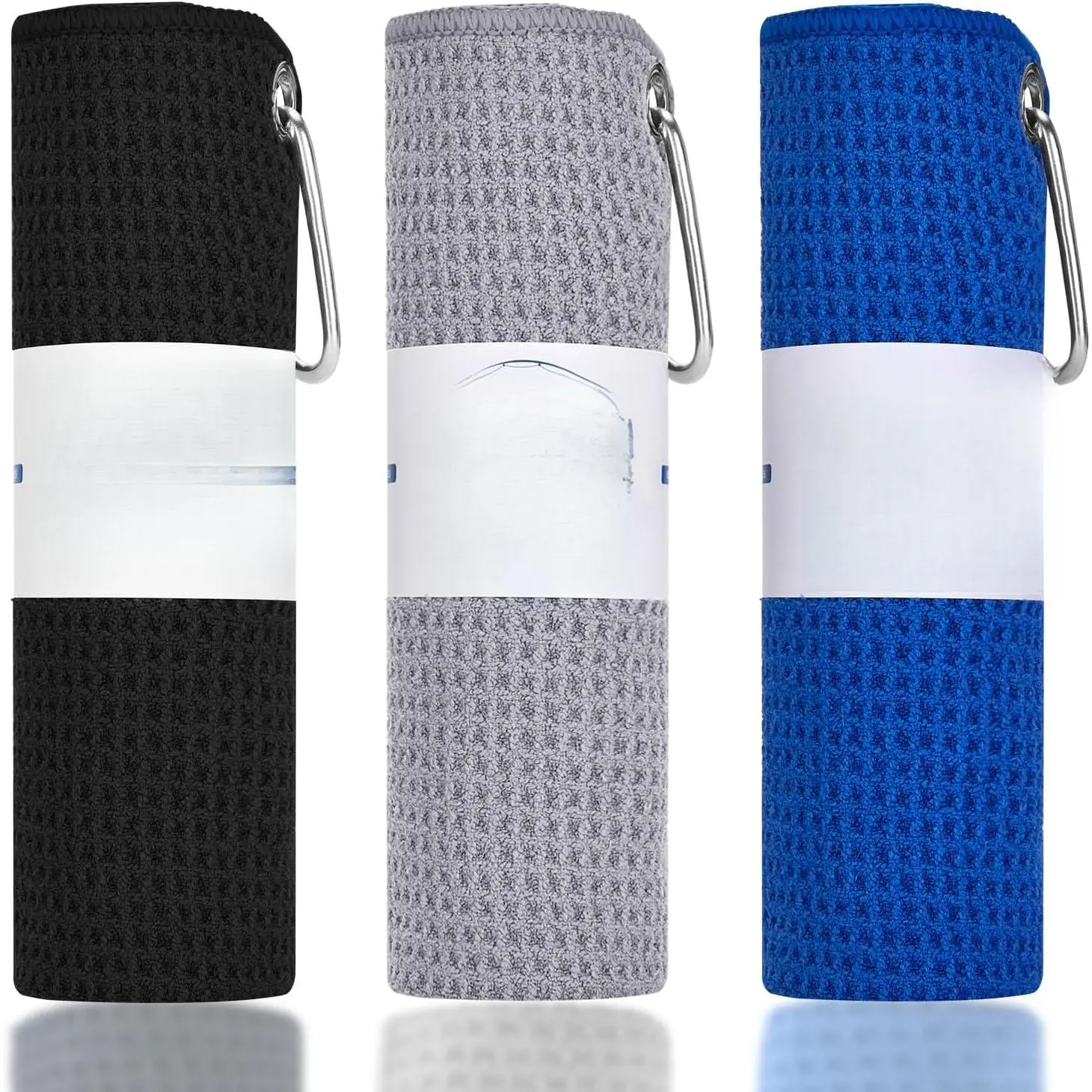 Microfiber Fishing Towels with Clip, Waffle Pattern  Effective Cleaning of Fishing Gears or Dirty Hands, 16" x 16", Camping Towels, Hiking Towels, Pack of 3 (Black/Grey/Blue) New model