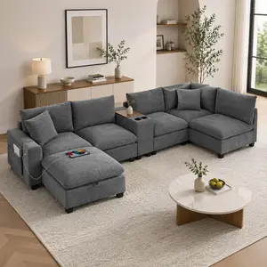 139-in U-Shaped Modular Sectional Sofa with Console, Oversized Corduroy 6-Seat L-Shaped Living Room Couch, Wide Seats, USB Charger, Cup Holders, Movable Ottoman, Storage Pockets