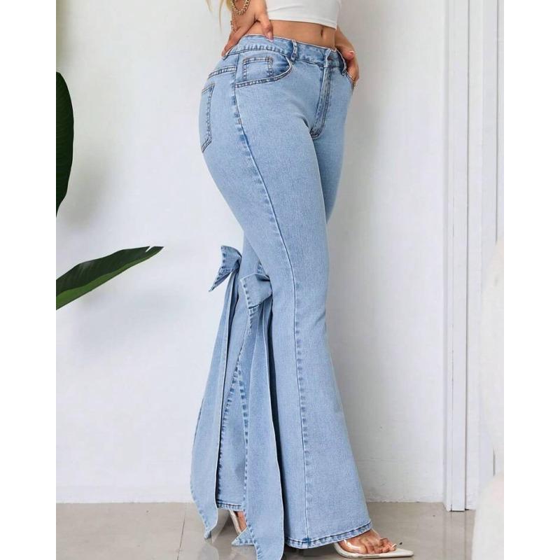Fashion Women's Jeans High Waist Stretch Bow Trimmed Flared Jeans