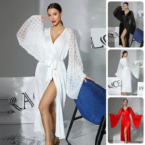 Soft Satin Long Robe with Lace Flare Sleeves