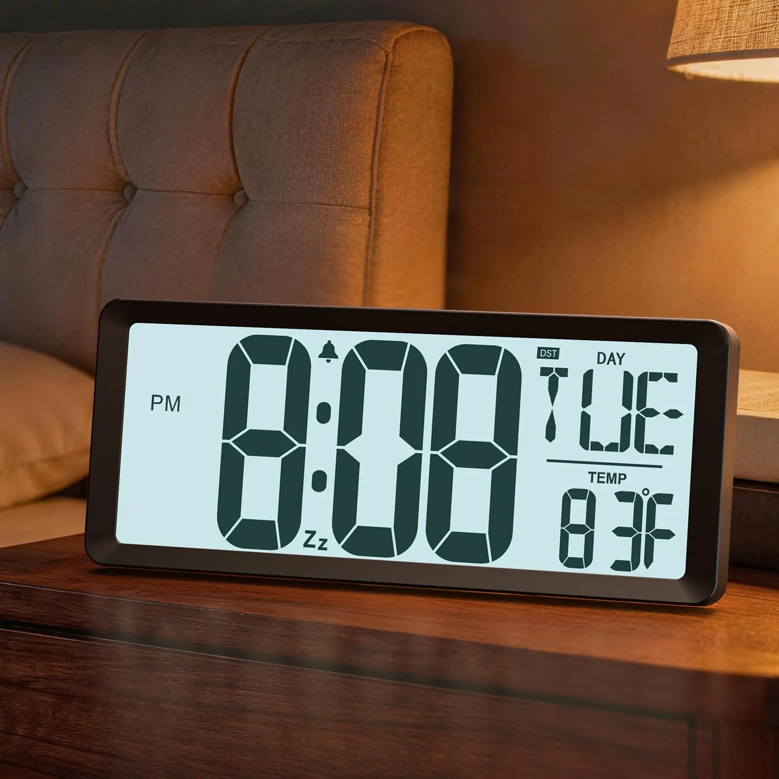 14.2" Battery-Operated LCD Digital Wall Clock with 4.56" Large Digits, Backlight, Date, Week, Alarm, Temp, DST for Classroom, Living Room, Office