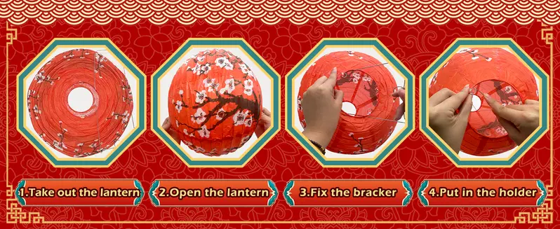 14Pcs Chinese Paper Lantern Set - Red White Gold Plum Blossom Lanterns For Lunar New Year & Party Decor