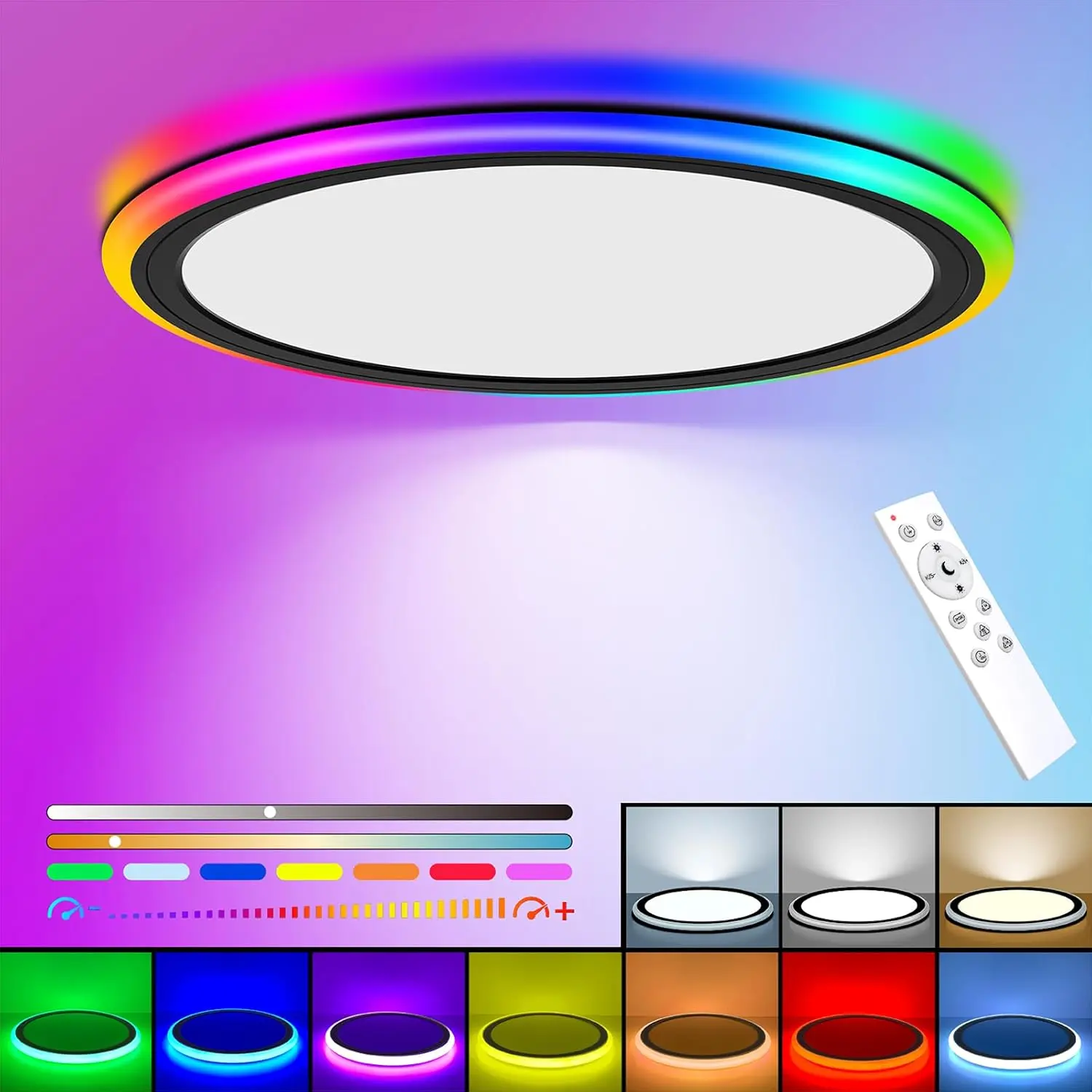 RGB Led Flush Mount Ceiling Light with Remote Control, 13Inch 24W 2400LM 3000K-6500K Dimmable Color Changing Wired Light Fixture, Colorful for Bedroom Kids Room Party Festival, Black