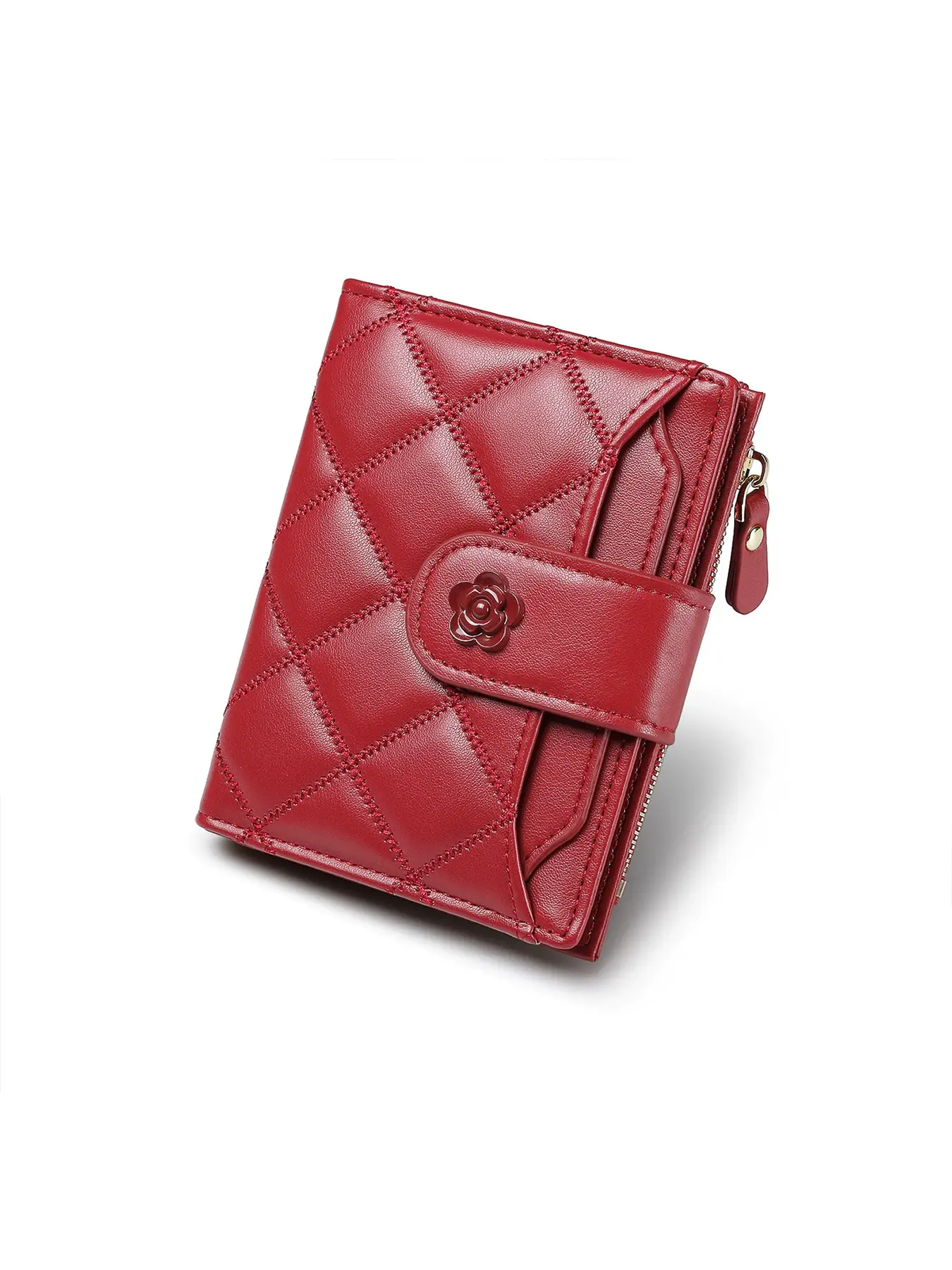 Women's Quilted Trifold Wallet, Floral Button Multi-Card Holder, PU Leather Zip Coin Pocket, Large Capacity ID Pocket, Portable Everyday Wallet