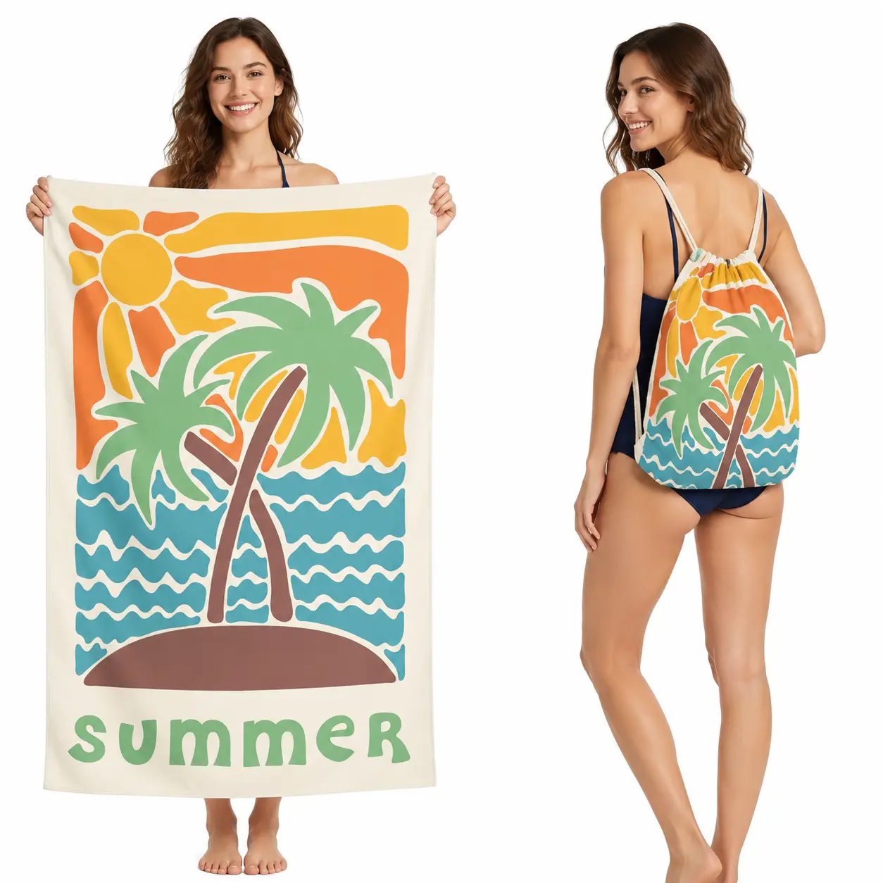 2 in 1 Foldable Beach Towel with Drawstring Bag Quick Dry Sand Free Microfiber Oversized Beach Blanket for Travel Vacation Camping