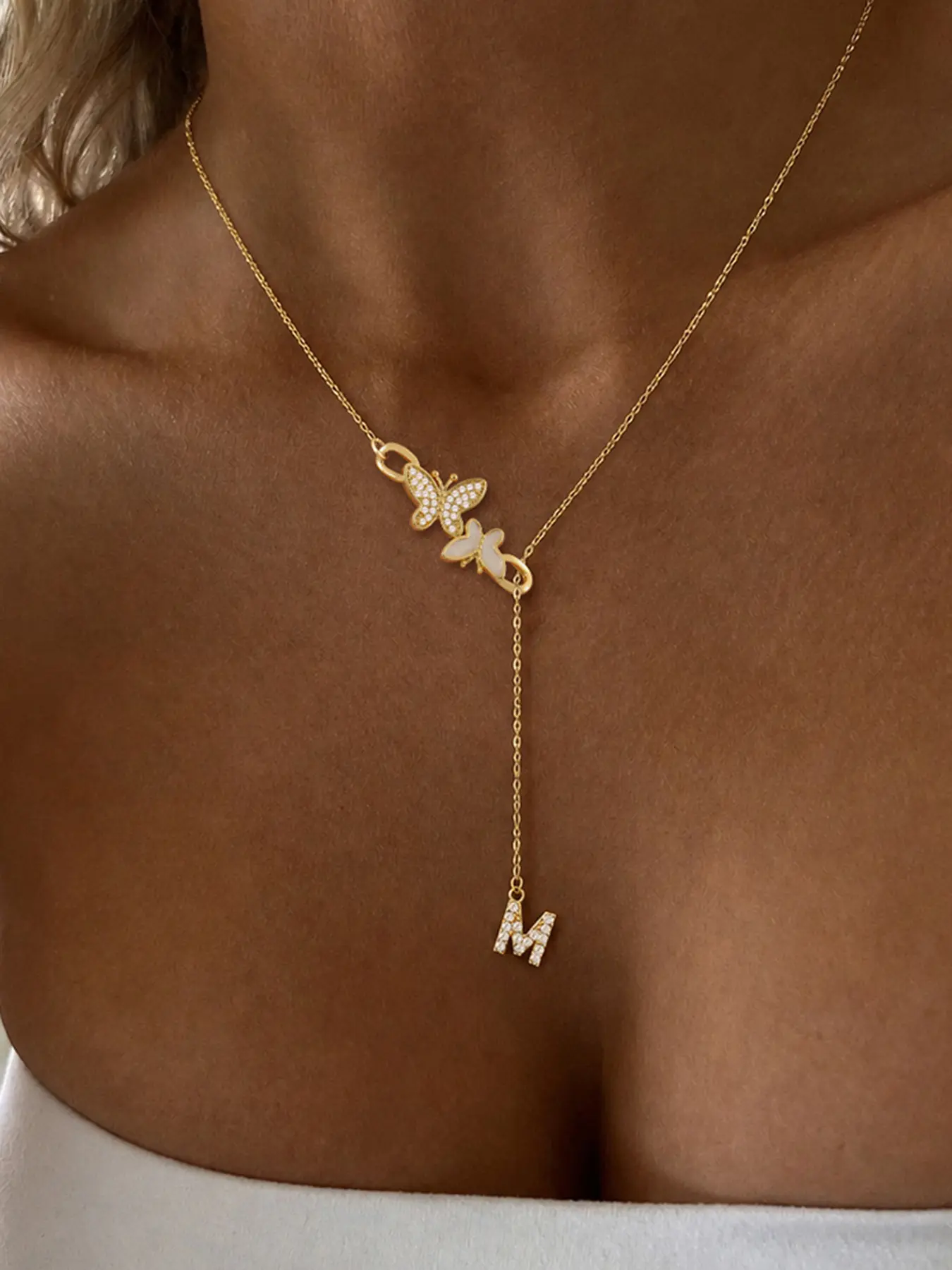 Elegant Zircon Butterfly Initial Pendant Necklace, Hollow Design, Stainless Steel Chain, Women's Jewelry, Fashionable Accessory