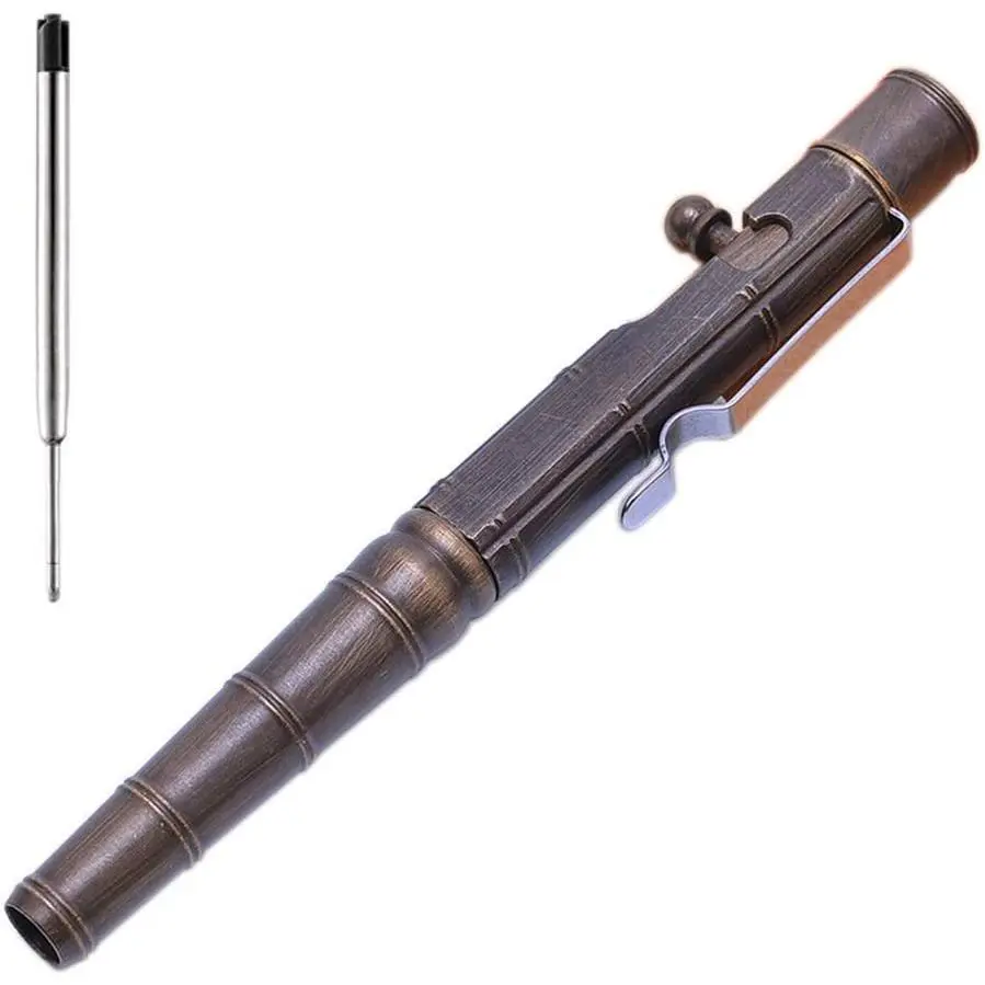 Solid Brass Shaped Bolt-Action Ballpoint Pen - 5.3" Long Retro Black EDC Pocket Signature Pen for EDC Users with Oxidation Charm