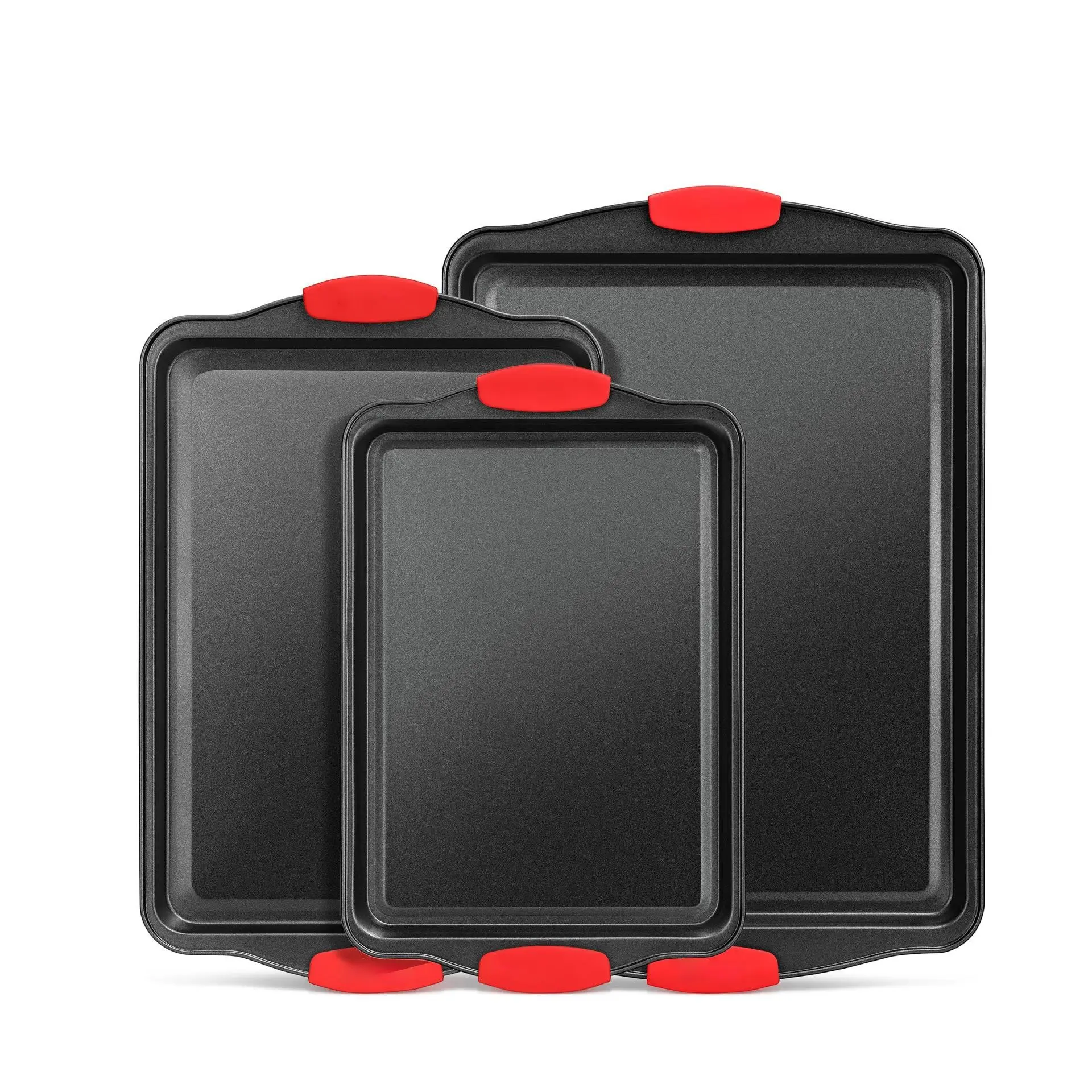3Pcs Non-Stick Baking Tray Set, Commercial-Grade Steel, Silicone Handles, Easy-Clean Surface, Ideal for Kitchen Use, Bakeware