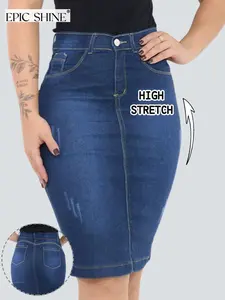 Women's High Waist Stretch Denim Skirt, Elegant Mid-Length Button Zipper Design, Versatile Office Wear, Suitable for All Seasons