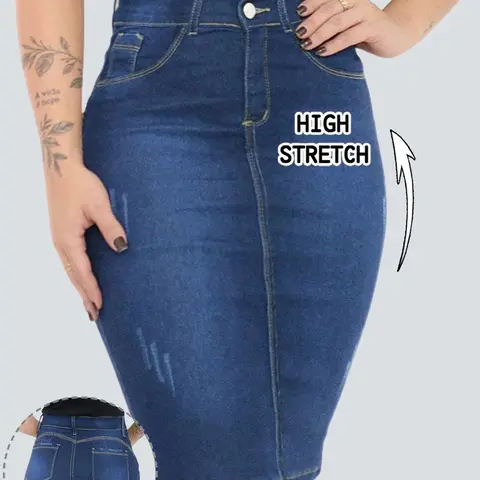 Women's High Waist Stretch Denim Skirt, Elegant Mid-Length Button Zipper Design, Versatile Casual Office Wear, Suitable for All Seasons, Stretchy Denim Skirts