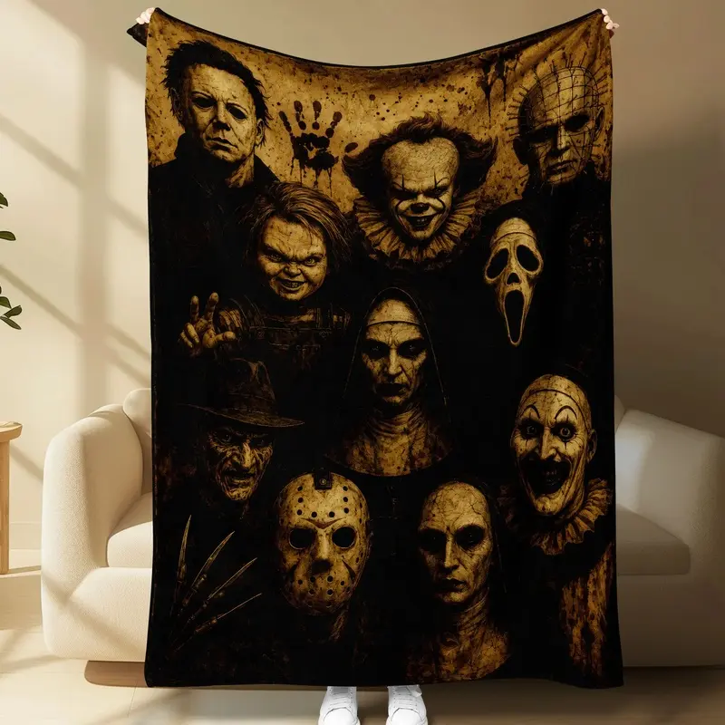 Horror Movie Villains Flannel Throw Blanket Michael Myers Pennywise Chucky Ghostface Jason Freddy Soft Cozy Warm for Couch Sofa Bed Polyester Flannel Blanket