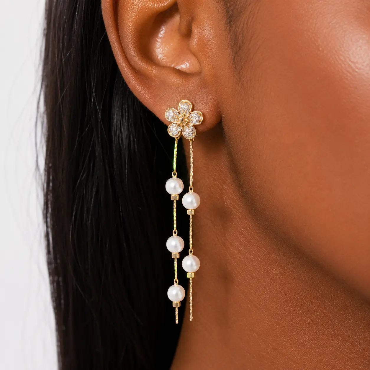 14K Gold Plated Copper Long Tassel Dangle Earrings, Faux Pearl and Floral Cubic Zirconia Stud, Layered Fringe Chain Drop Earrings with Friendly 925 Sterling Silver Post for Women