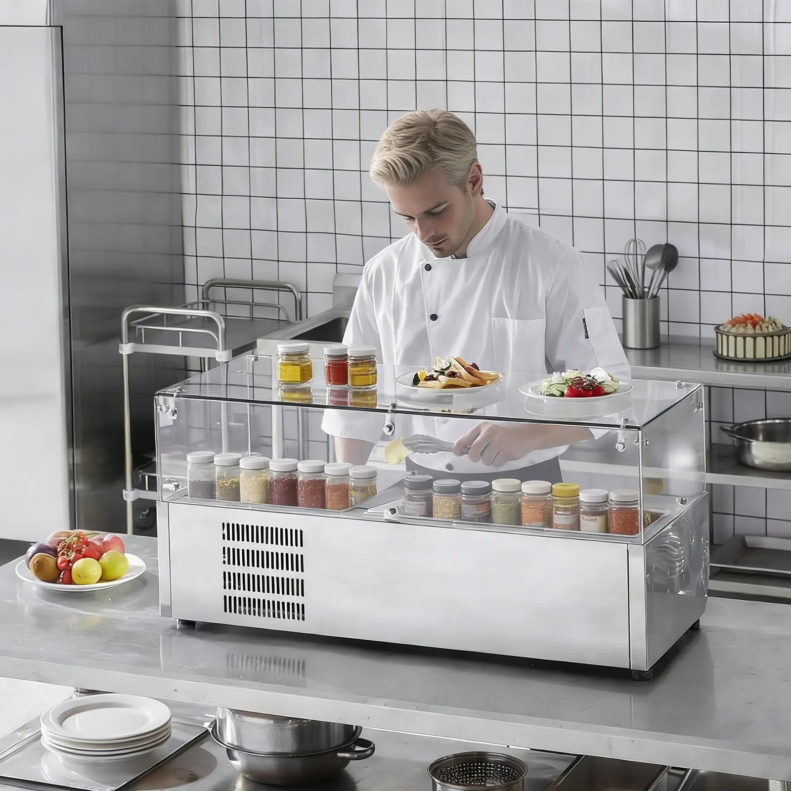 Commercial Refrigerated Prep Station with Glass Guard – 39" Stainless Steel Salad Bar – 5 Food Pans, ETL Certified, Professional Food Service Cooler for Restaurant, Buffet, Kitchen Use