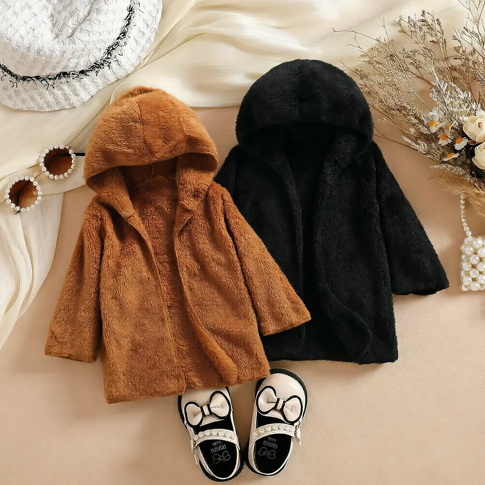 Toddler Girls Hooded Plush Jacket, Baby Open Front Solid Color Long Sleeve Outerwear (Black, Brown),Girls Autumn Pure Color Casual Hooded Plush Jacket