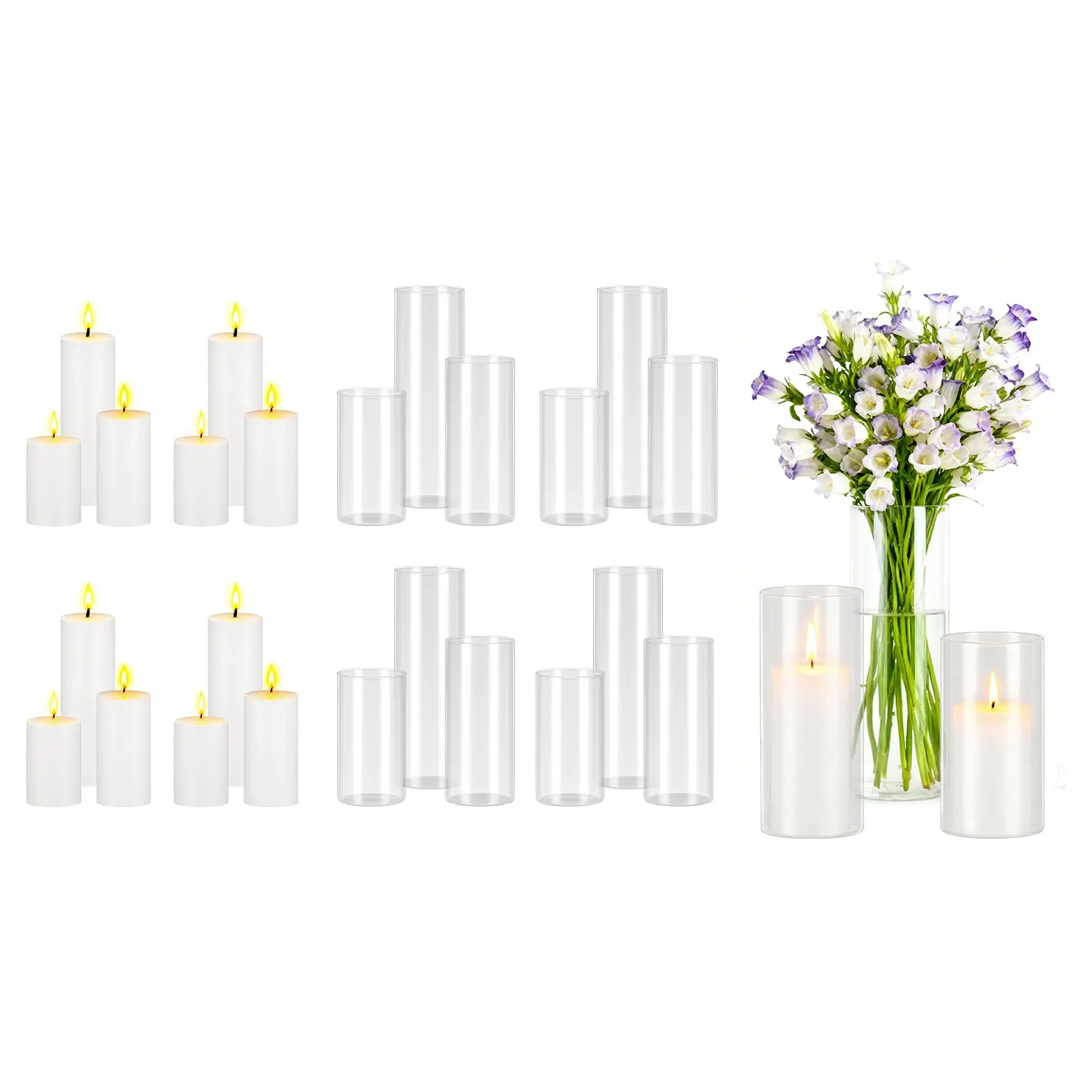 VEVOR Pillar Candles and Glass Vases Set 24 Pcs, Clear Cylinder Hurricane Candle Holders for Wedding Centerpieces, Tall Vase for Table Decor, Wedding Party, Thanksgiving, White (2.56" x 4.7", 5.9", 7.9")