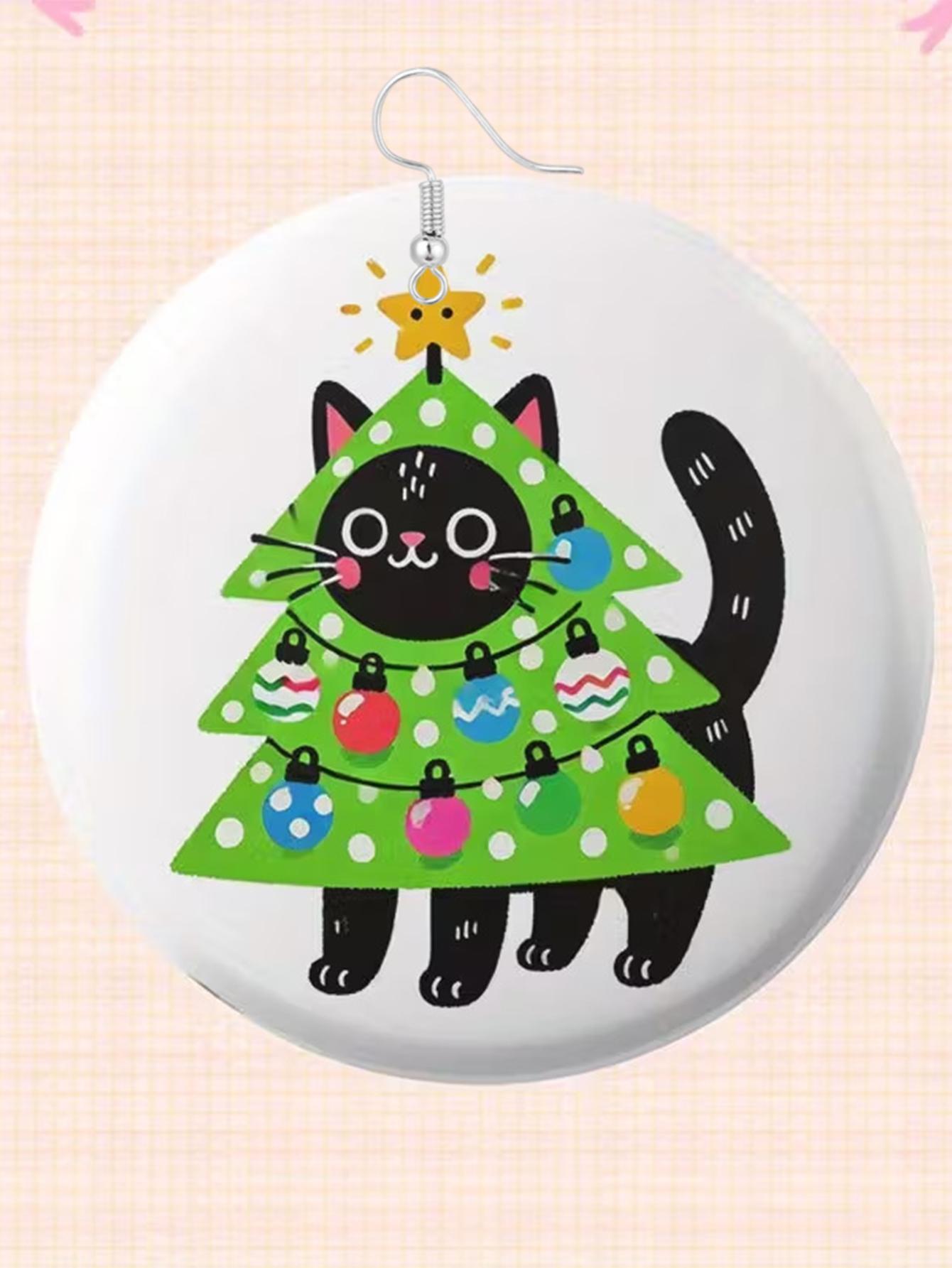 Black Cat Fun and Cute Christmas Earrings - Personalized Acrylic Earrings, Christmas Tree, Black Cat, Gingerbread Man Design Pen