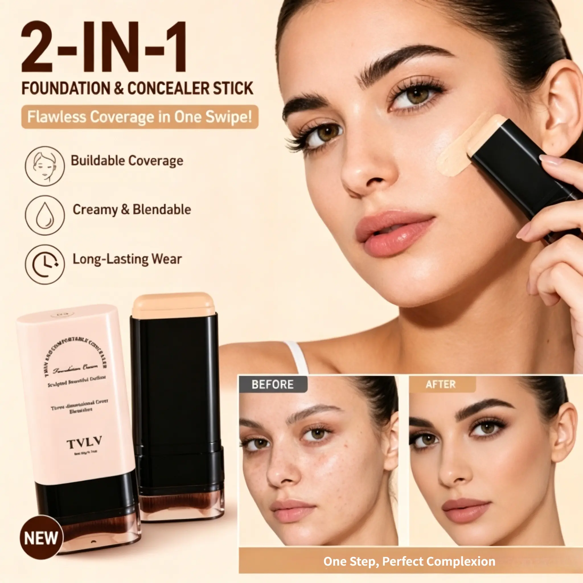 TVLV Double-ended Foundation Concealer Stick, covers spots, acne marks and pores, evens dull skin tone, lightweight, adheres well without caking, portable lazy foundation balm
