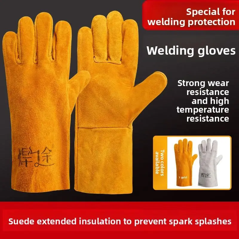 Welding cowhide gloves wear-resistant extended two-layer soft anti-scalding and high temperature labor protection welding protection special welder gloves