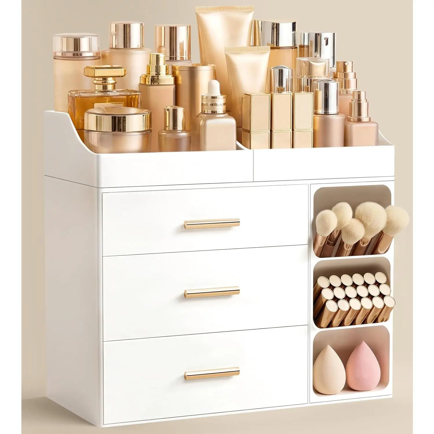 Makeup Organizer Countertop with Brush Holder,Large Bathroom Counter Organizer with Drawers,Skincare Organizers for ,Plastic Dresser Organizer Storage  for Women Girl Mom, White