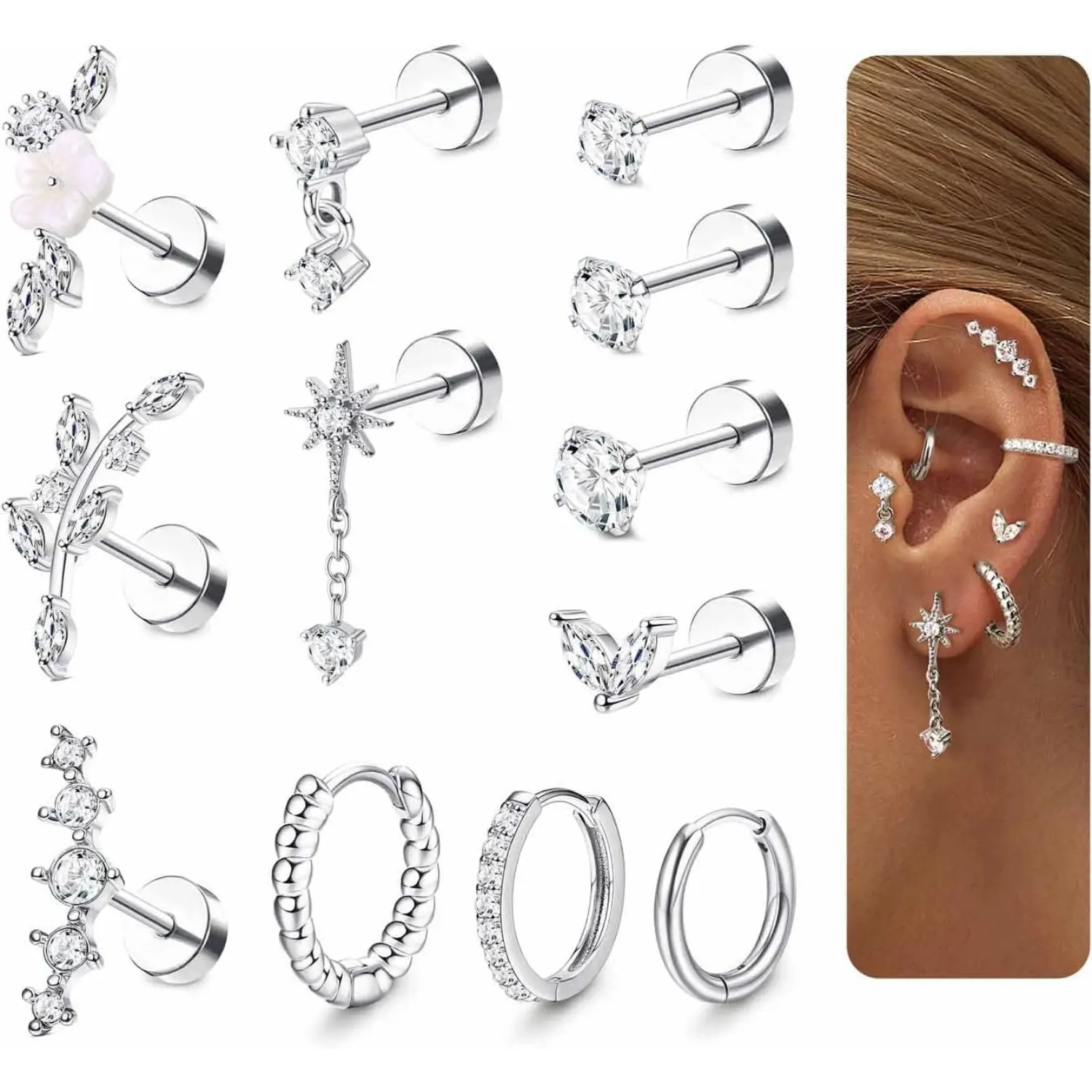 Fansilver Flat Back Cartilage Earrings for Conch Tragus Helix Piercing Jewelry Hypoallergenic 16 Guage Cartilage Earring Stacks,Stainless Steel Stud Hoop Earring Sets for Multiple Piercing,12 PCS
