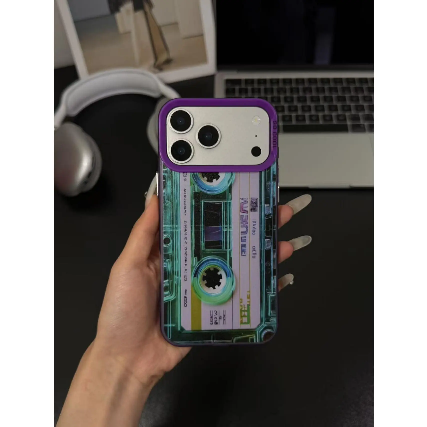 Green Cassette Tape Case for iPhone 17 Pro Max (Purple Edition) — featuring an ultra-cool, oversized camera cutout and a blend of Y2K, 90s retro, and music cassette aesthetics; a protective case designed specifically for music lovers.