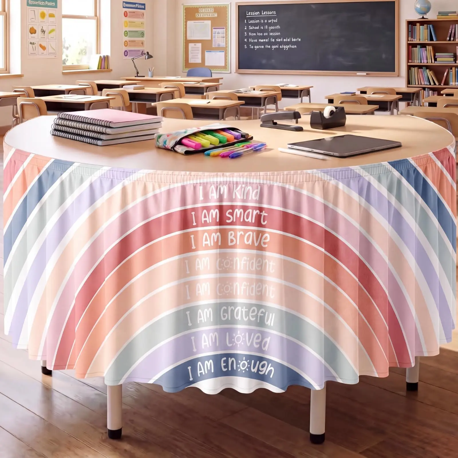 6 Feet Bohemian Style Teacher Table Skirt, Colorful Rainbow Classroom Decor, Kidney Shape Table Skirt, Kindergarten Office Back-To-School Supplies