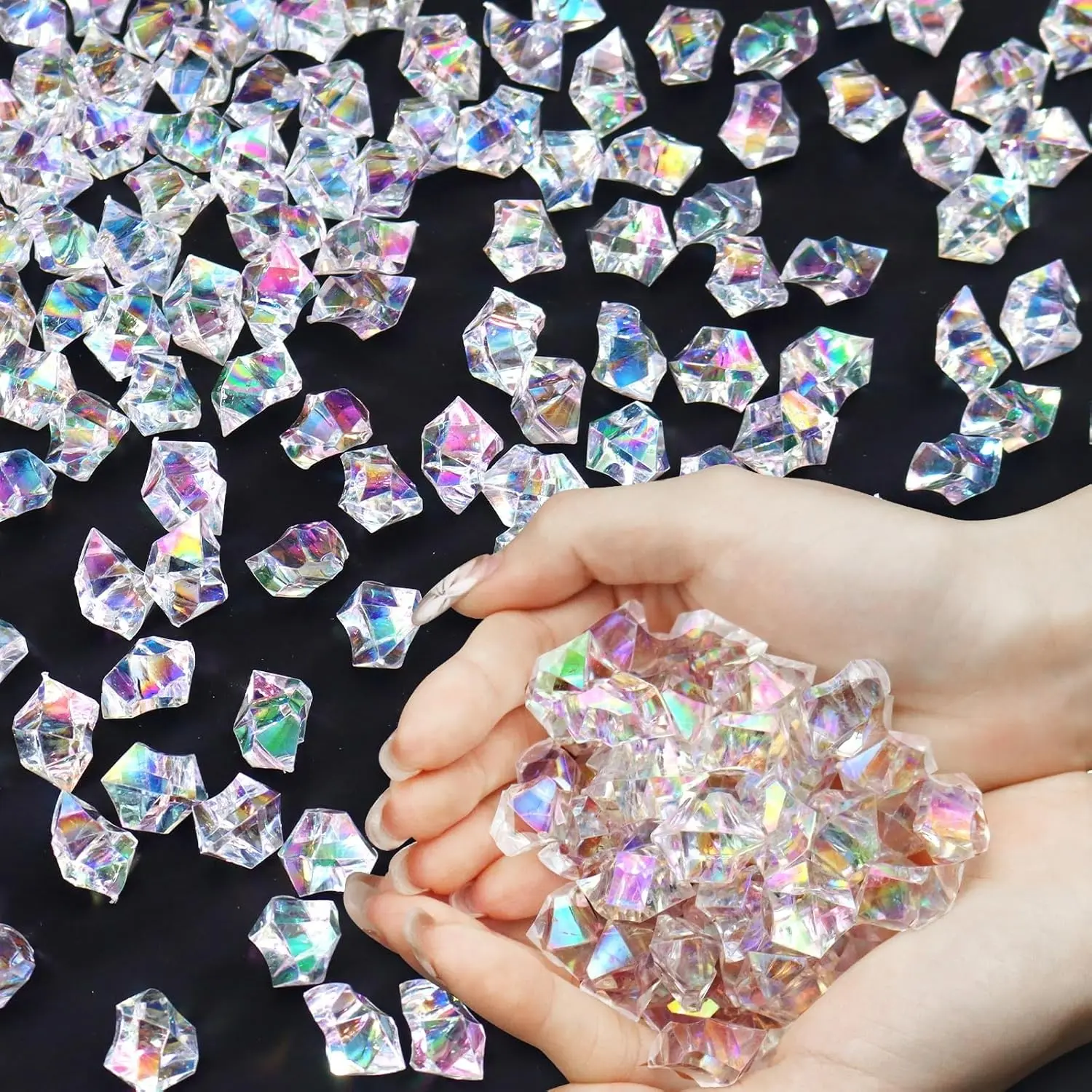 Clear Holographic Fake Ice Rocks，220PCS Dazzling Vase Fillers Acrylic Fake Diamond Crystals Water Beads Marbles 13OZ Glass Gems for Centerpieces Table Decoration Party Christmas Wedding Birthday