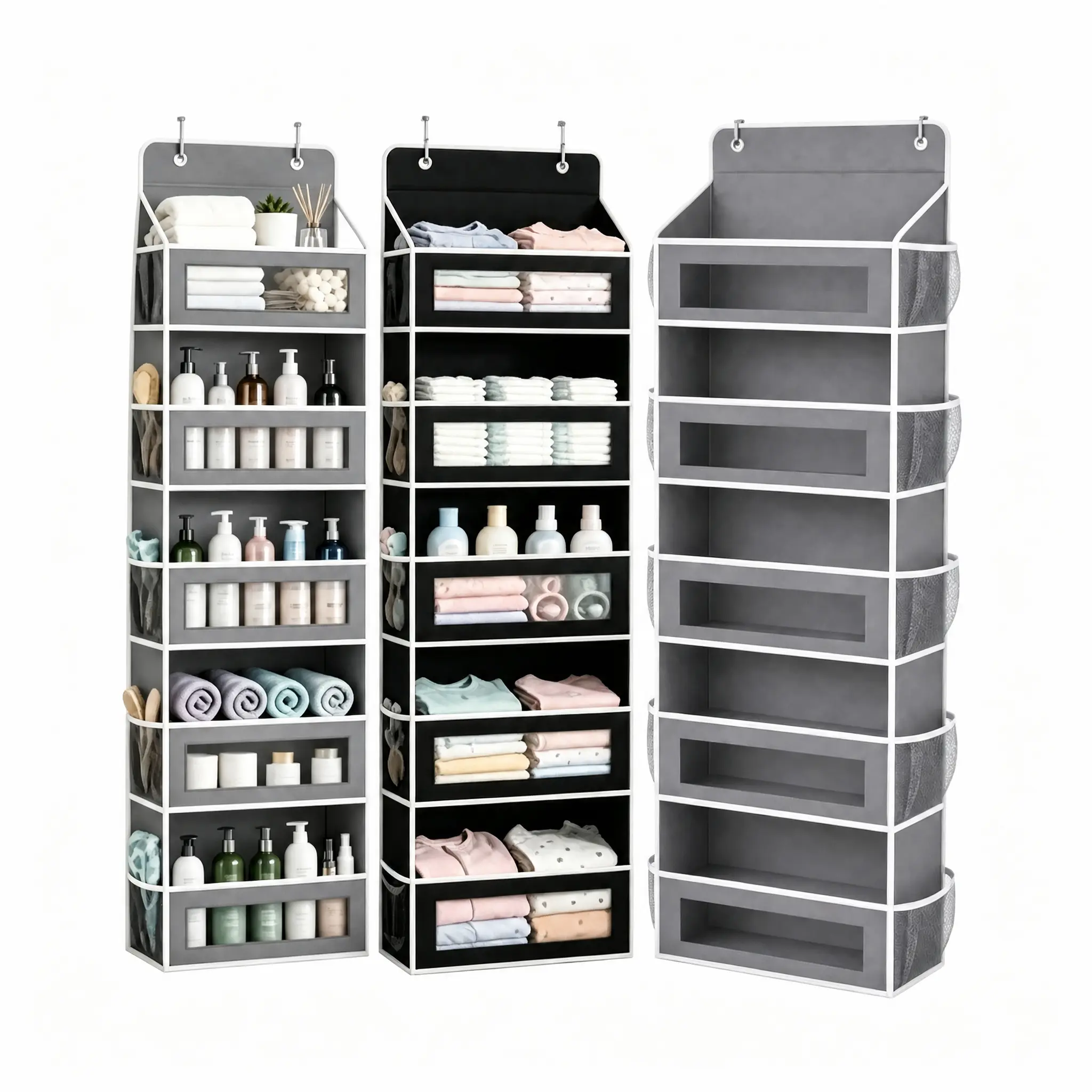 5-Tier Over The Door Organizer, Heavy Duty Hanging Storage Bag with Clear Windows & Mesh Side Pockets, No-Drill Space Saver Organizer for Bathroom, Bedroom, Nursery, Pantry (Fits Standard Doors)
