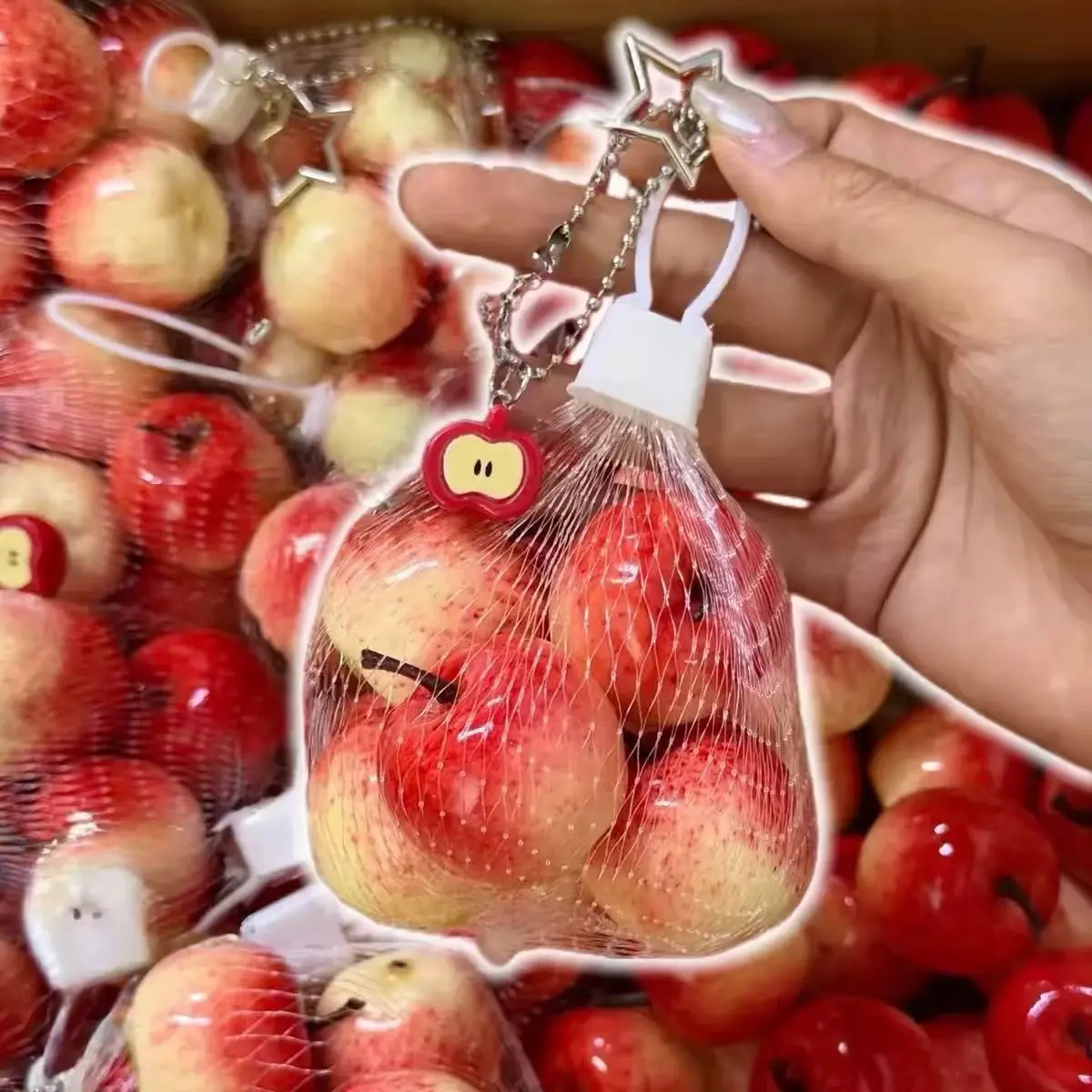 Cute Fruit Keychain, Style, 3D Fruit Design, Star Chain, Small Tag, Mesh Bag Texture, Perfect for Bags, Keys, Students, Commuters