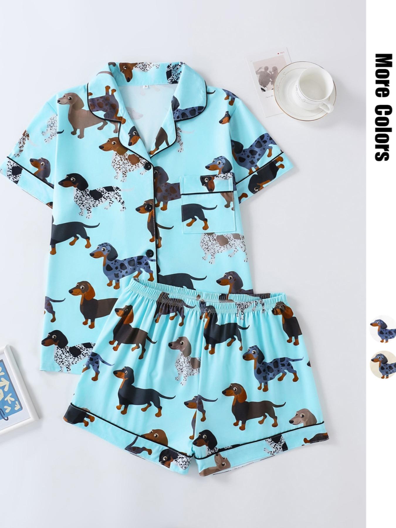 Women's Cartoon Dog Print Short Sleeve Matching Pajamas Two-piece Set, Casual Comfy Lapel Neck Button Design Pj Set for Daily Home Wear, Ladies Sleepwear for All Seasons, Loungewear,  Pastel Cute Pajamas, Breathable Stylish Pajama, Cute Pajama Sets