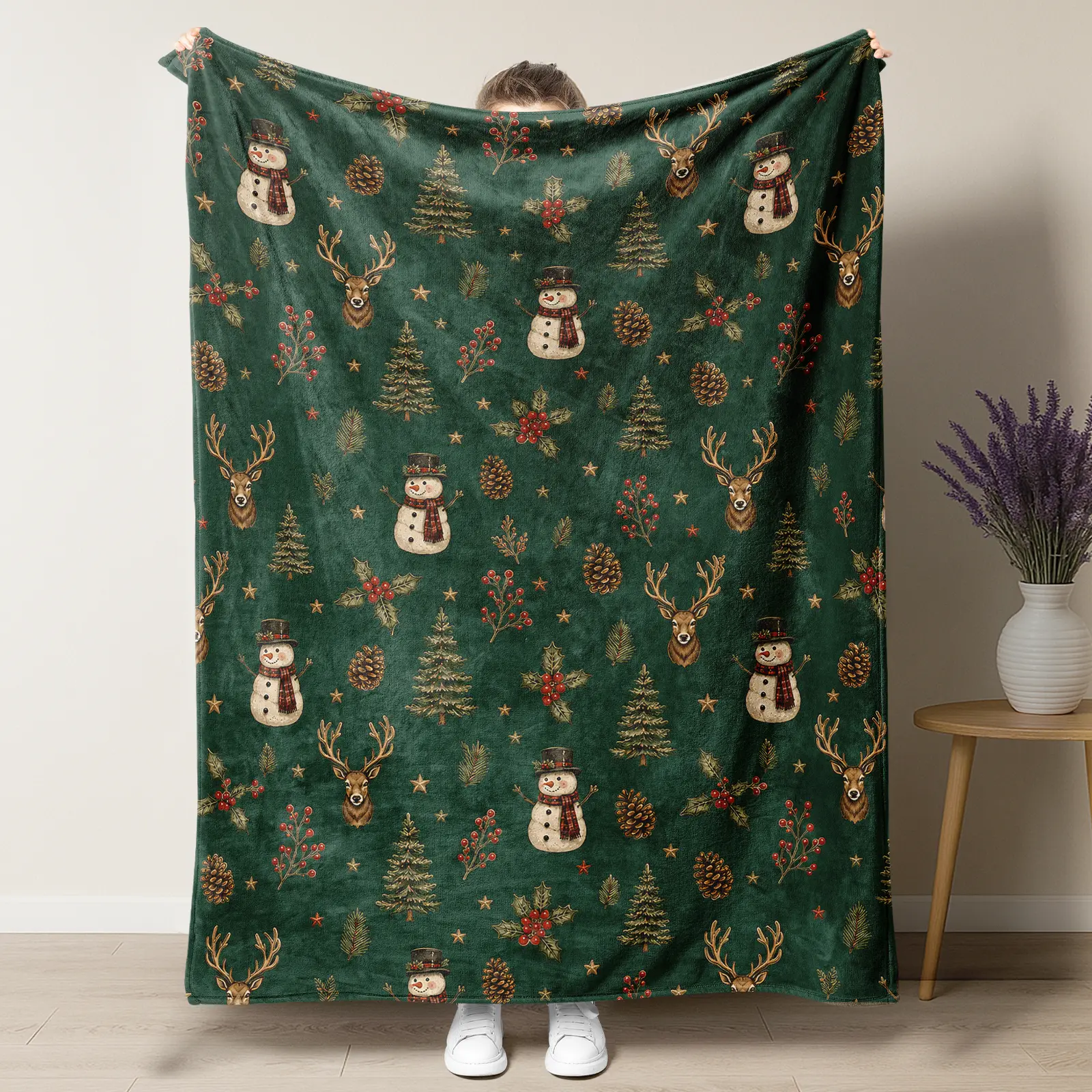 Christmas Throw Blanket for Couch Bed, Forest Green Snowman & Reindeer Holiday Fleece Blanket, Soft Plush Winter Pinecone Tree Pattern, Rustic Farmhouse Christmas Decor