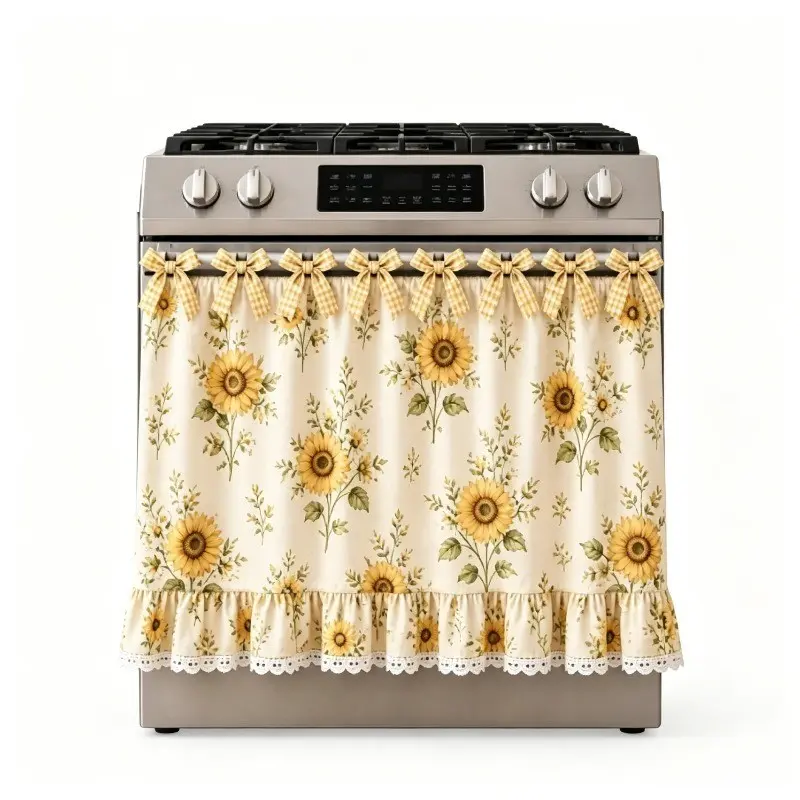 Handmade Oven Skirt Curtain and Stove Cover, Multi-Functional Dishwasher Curtains, Farmhouse Plant Print, Spring Kitchen Decor, Gas Stove Cover