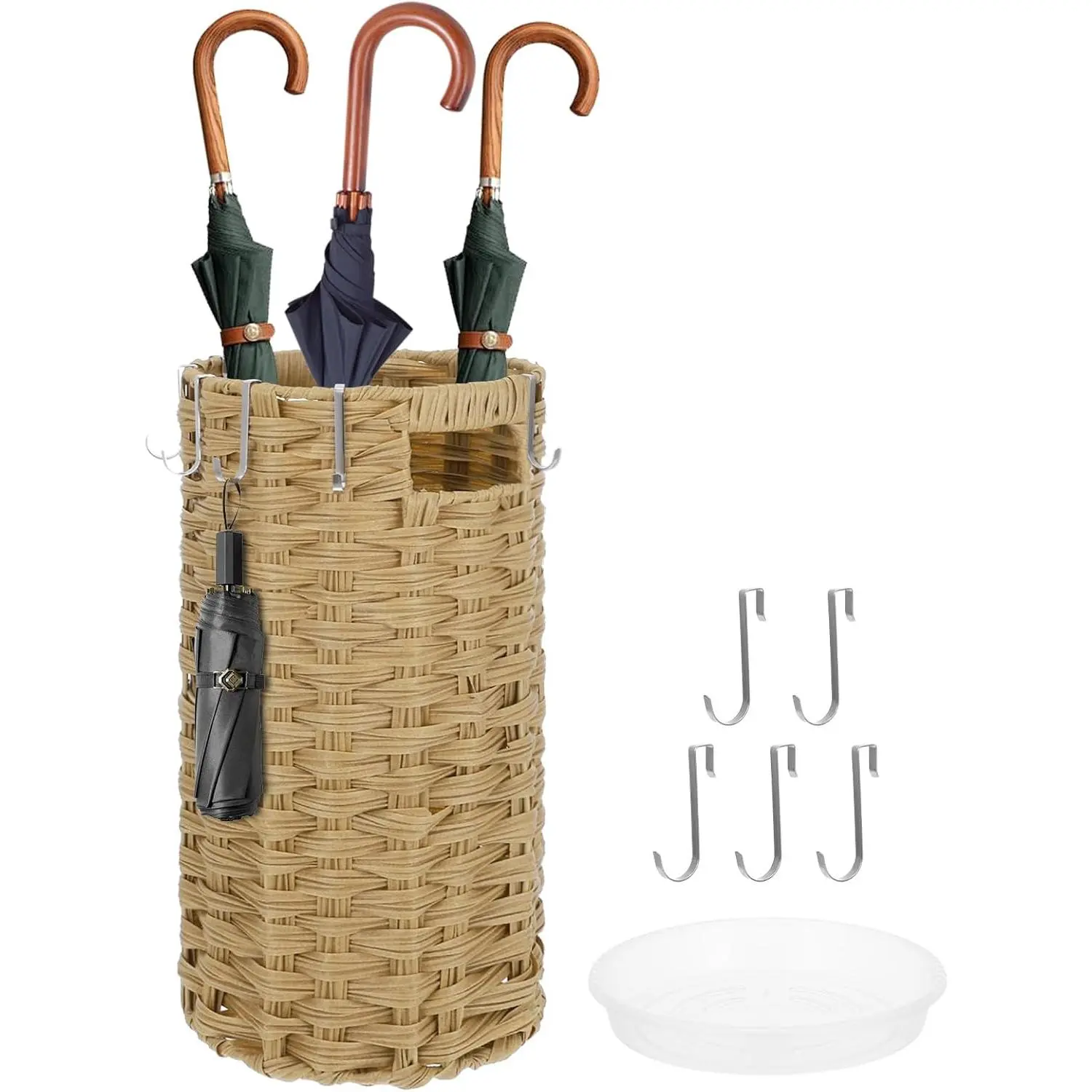 Rattan Umbrella Stand for Entryway, Hand Woven Umbrella Holder Organizer with Detachable Drip Tray and 5 Stainless Steel Hooks, Freestanding Umbrella Rack for Home & Office, 8.6" L x 8.6" W x 17" H
