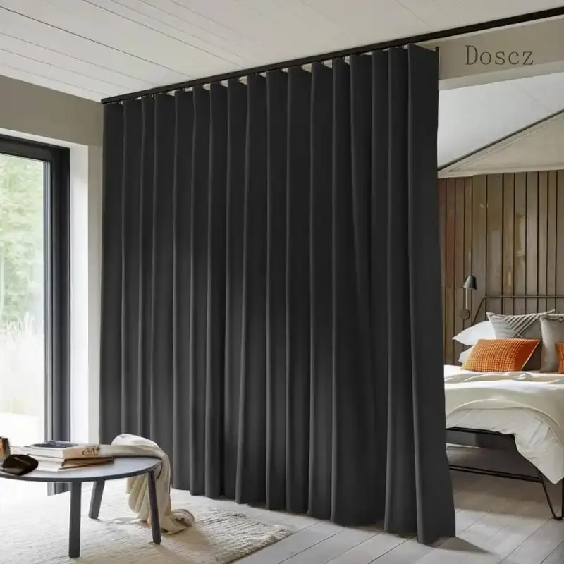 PLL Total Blackout Room Divider Panel, Thermal Insulated Noise Reduction Privacy Solution for Bedroom/Office Window, 8.3ft W x 7ft H Black Ceiling Track Curtain