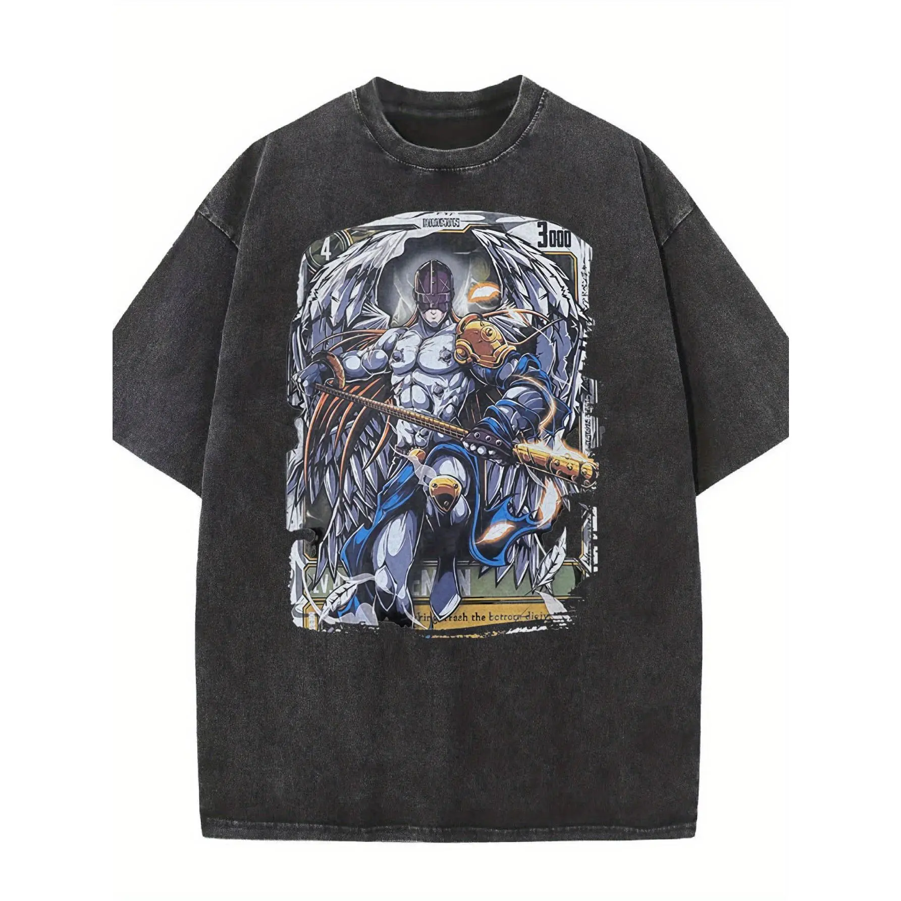 Vintage Distressed Washed T-Shirt Men Digimon Angemon Angel Warrior Card Frame Anime Graphic Oversized Crew Neck Tee For Digimon Manga Fans Daily Street Outfits