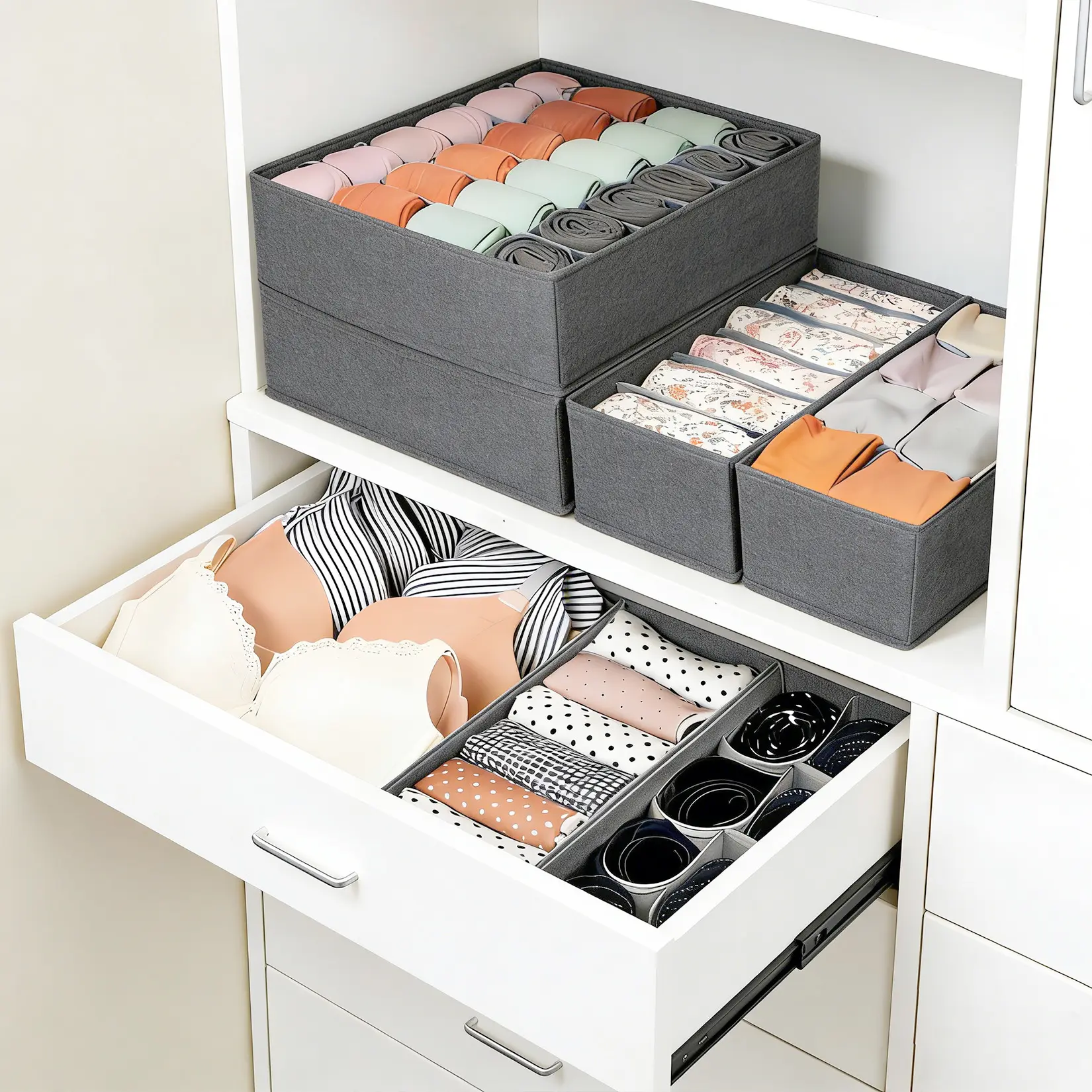 12 Pack Underwear Drawer Organizers,135-Cell Collapsible Fabric Storage Bins for Closet & Dresser, Underwear, Bra, Sock, Foldable Fabric Closet Organizer for Bedroom, Nursery, Grey