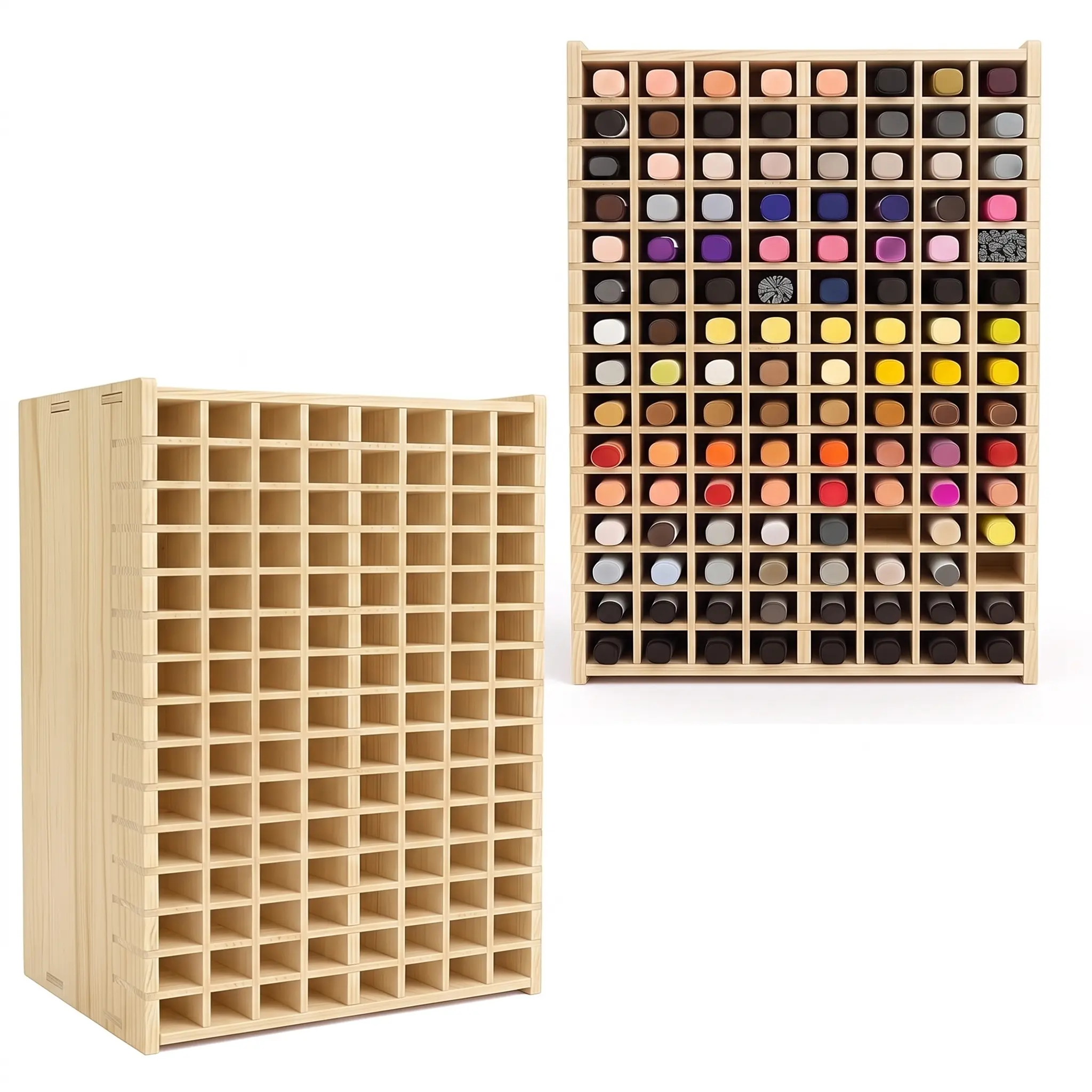 Wooden Marker Organizer 120 Slots — Desktop Pen Holder & Art Supply Storage, Grid Compartment Desk Organizer for Craft Beads Drawing Stationery