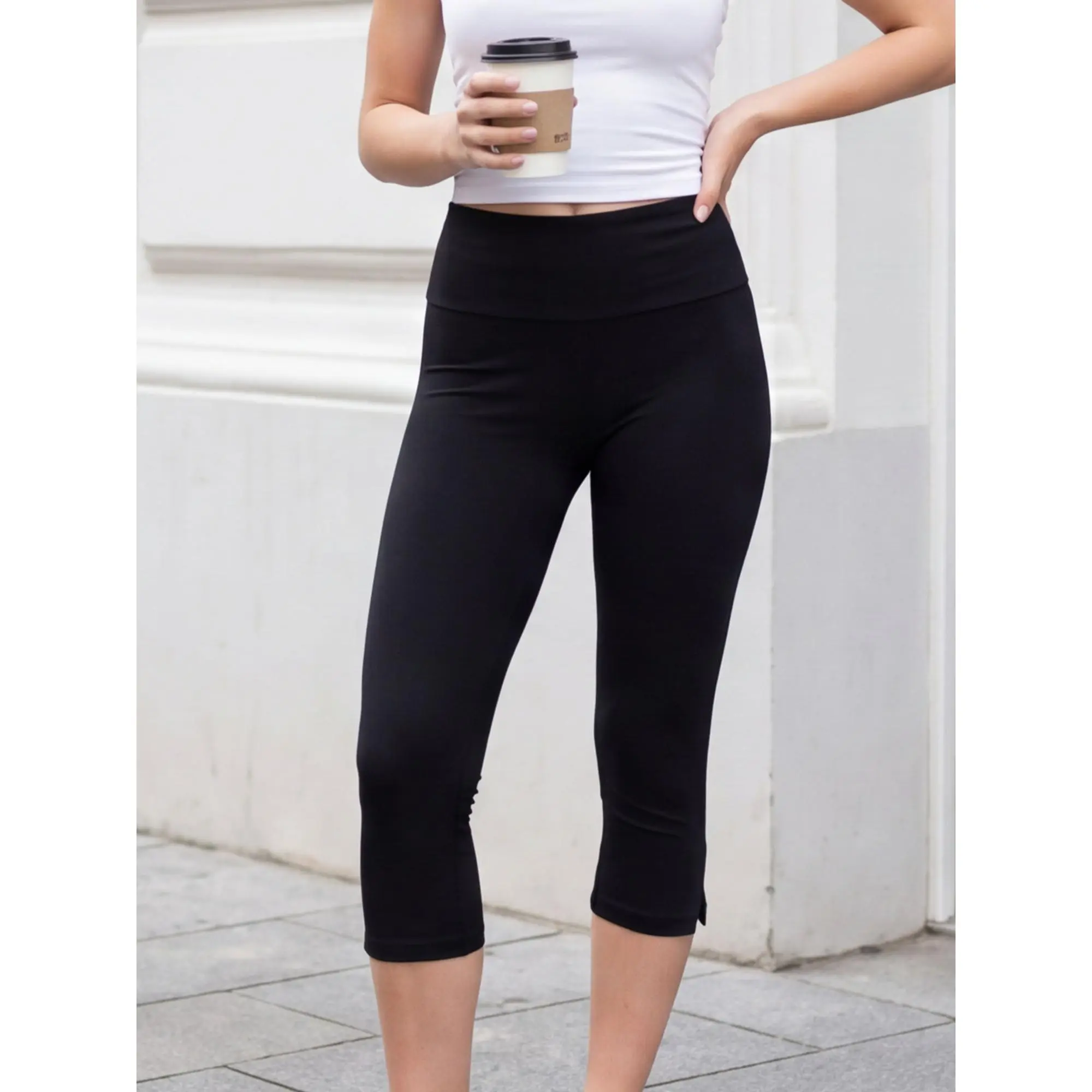 Women’s Split Hem Capri Pants Fold Over Waist Solid ColorFit Cropped Pants Trousers
