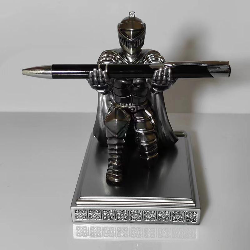 Pen Holder, Ornaments, 1Pc Executive Knight With Helmet, Bronze Statue, Home, Study, Office Decoration, Wearing Armor, Hero,