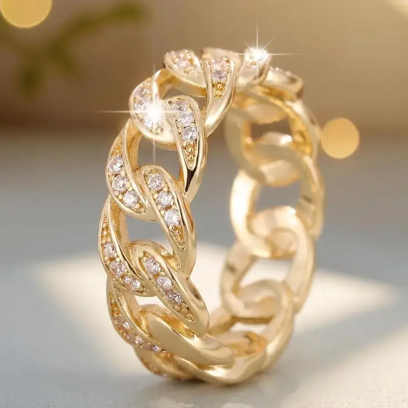 Women's Elegant Hollow Out Chain Design Rhinestone Decorated Ring, Statement Rings, Beautiful Rings, Fashion Stackable Rings, Stackable Finger Rings, Fashion Jewelry for Party, Daily Clothing Decor, Trendy All-match & Exquisite Jewelry for Birthday Gift