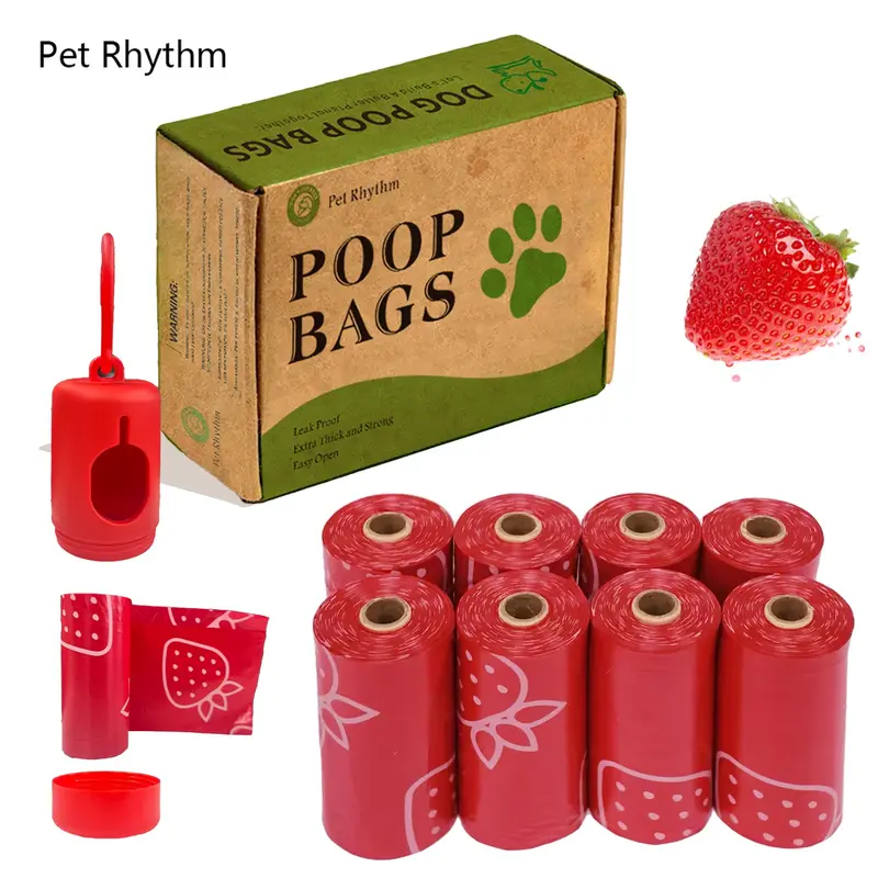 Biodegradable Clean Dog Poop Bags Set, Strawberry Scent, Extra-Thick Leak-Proof Design, Portable with Dispenser Included