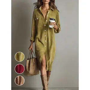 Women's Fashion Basic Casual Wear Double Chest Pocket Button-Up Collared Corduroy Long Sleeve Midi Dress Knee Length Stylish for Spring and Fall Lady Womenswear easy care summer staple party essential