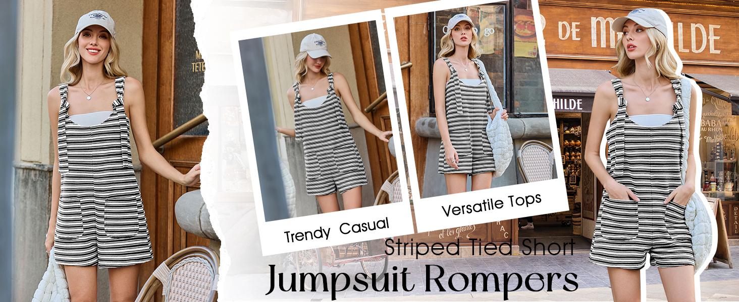 Yousify Women's Striped Sleeveless Romper Loose Fit Tied Shorts Jumpsuit with Pockets for Summer & Fall Casual Wear Scoop Neck Adjustable Drawstring Wide Legs
