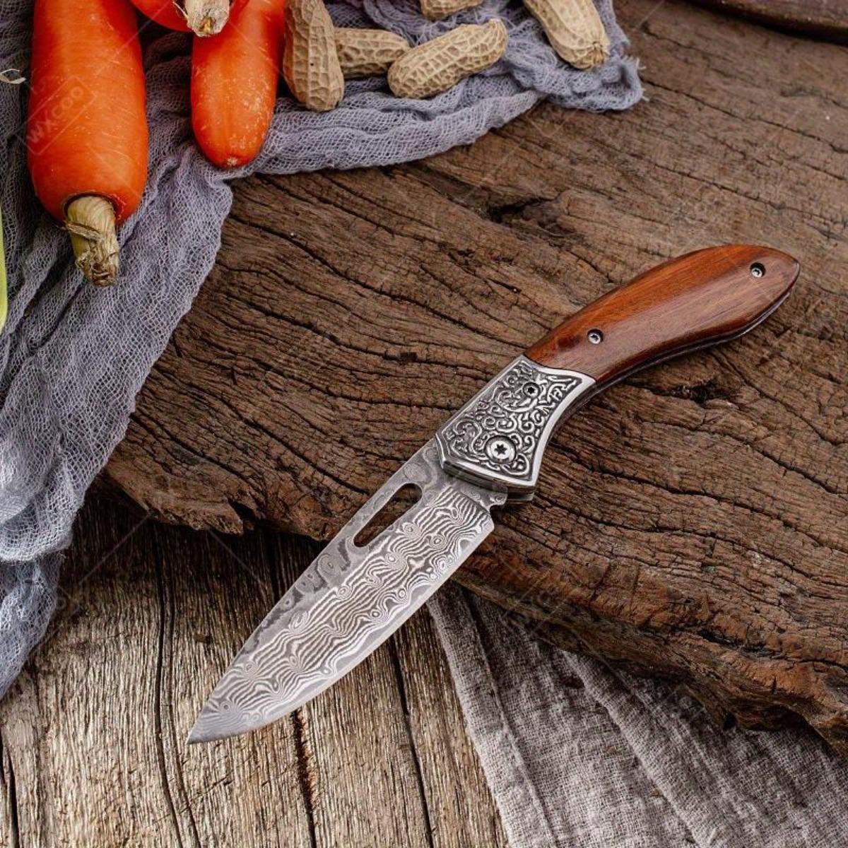 Folding Knife The Wood Handle Pure Manual Damascus Steel Blade Outdoor Camping Pocket Knife