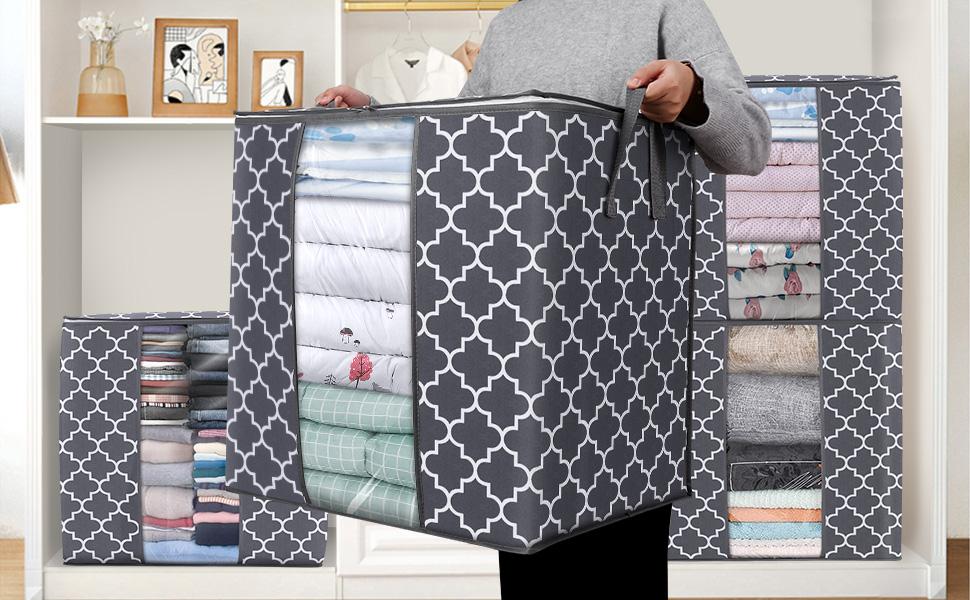 Storage Bags [3 Pack/100L] Large Blanket Clothes Organization and Storage Containers for Comforters,Bedding, Foldable Organizer with Reinforced Handle, Clear Window, Sturdy Zippers,Gray