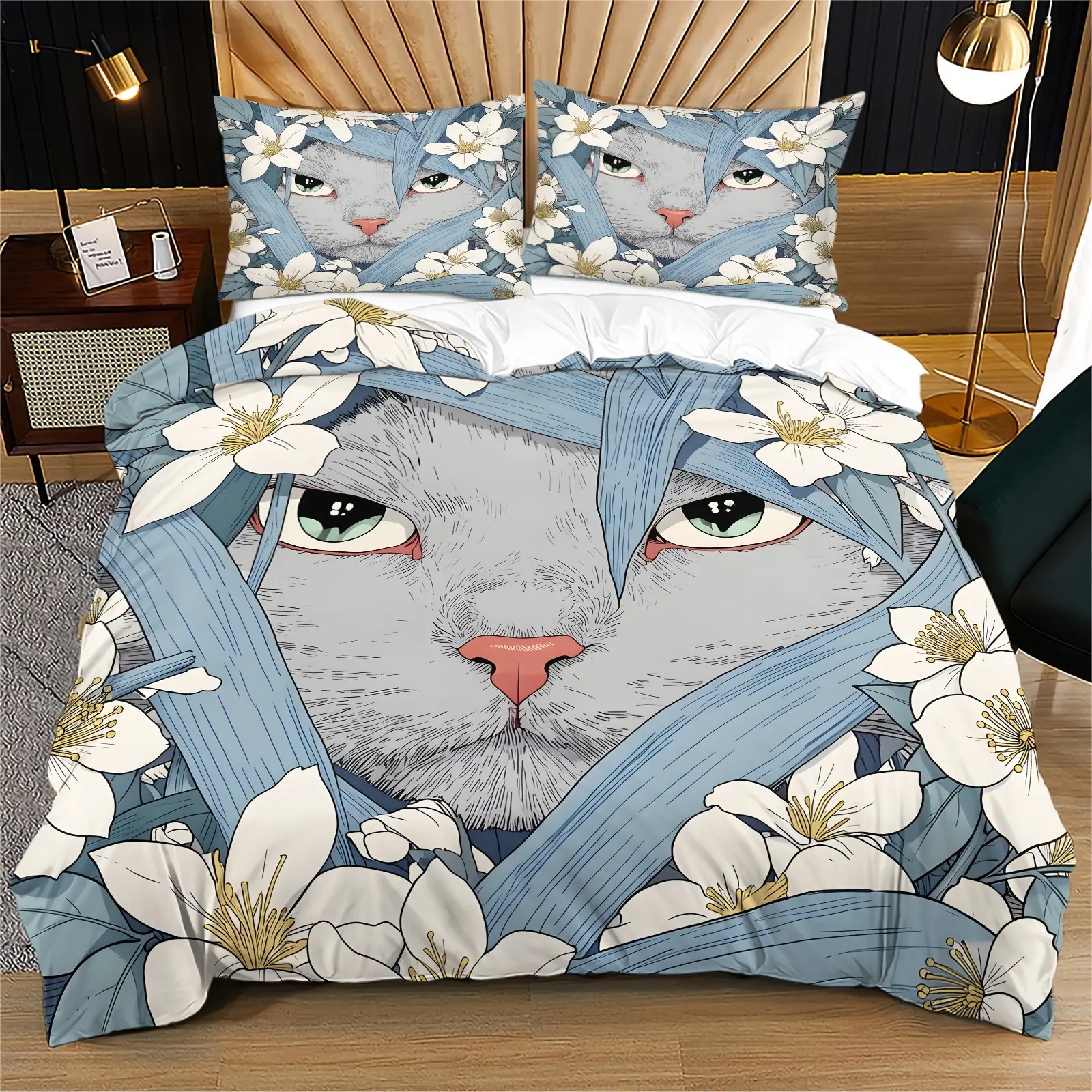 2/3PCS Japanese Hand Drawn Fresh Jasmine & Cute Gray Cat Duvet Cover Set with Hidden Zipper, Teen Bedding Set, No Fillings, Multiple Colors Available, Ideal Gift