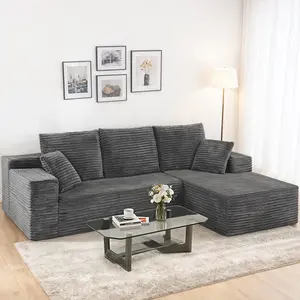 Aobtkel®Modern L-Shaped Corduroy Sectional Sofa, No Assembly Vacuum Compressed Modular Corner Couch for Small Space Living Room, Grey Striped Fabric Chaise Lounge Sofa On-Site