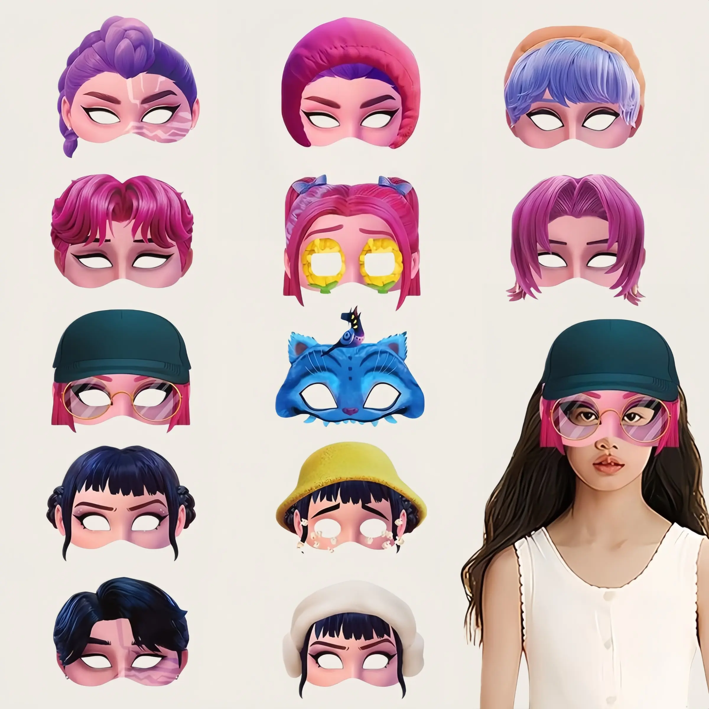 12 Anime Style Cartoon Masks for Girls, Reusable Role-Play Mask Cosplay Party Masks, Birthday Gifts, Festival Decorations, Fbmz0238 Model