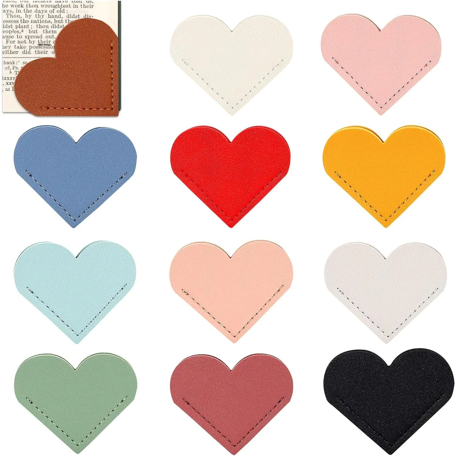 12-Count Synthetic Leather Heart-Shaped Bookmarks, Office Stationery Page Markers for Book Lovers, Appreciation Gifts for Teachers & Students, 12-Color School Supplies