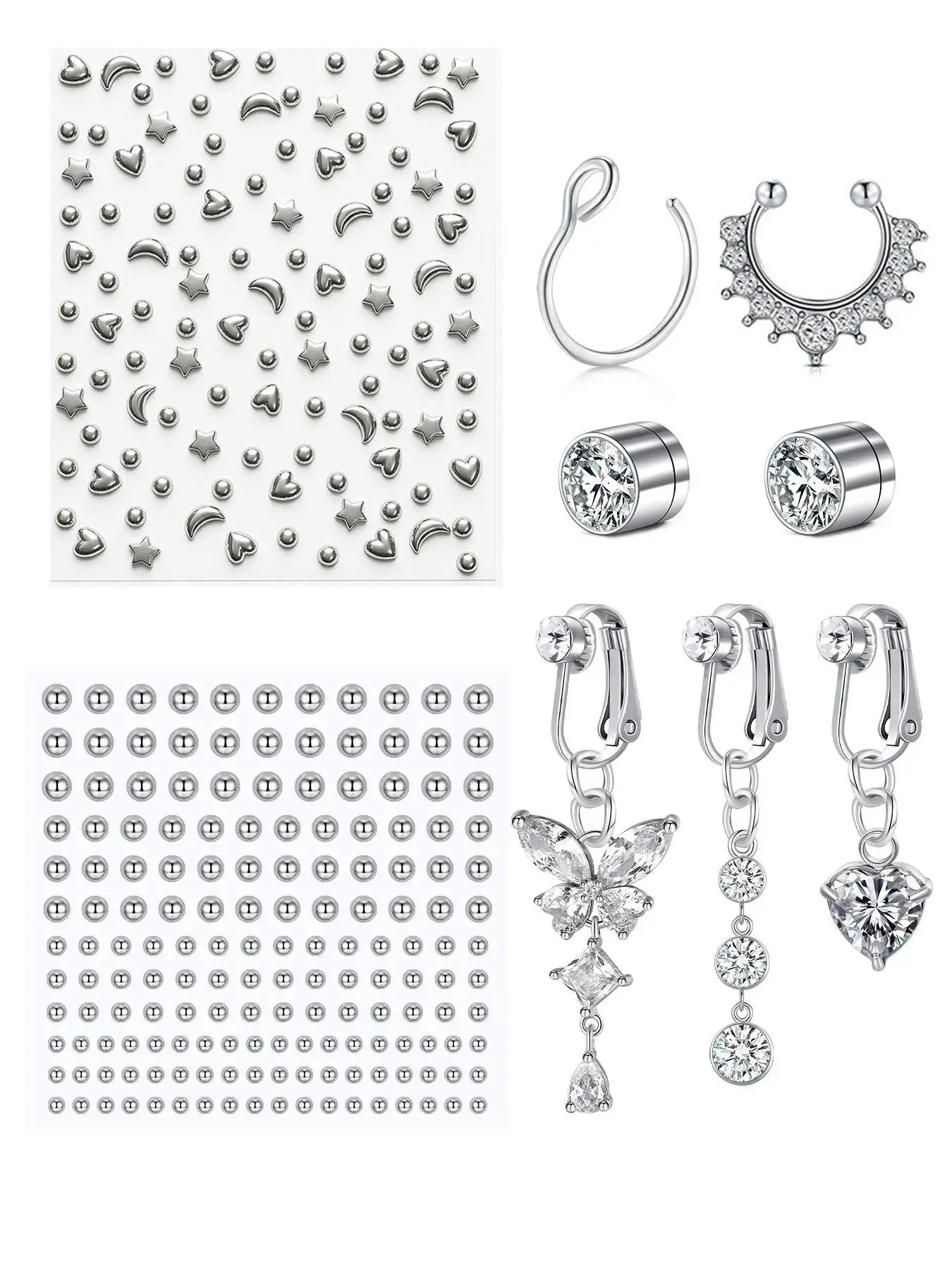 Fashionable Fake Piercing Jewelry for Women, Y2K Artificial Zircon Belly Ring Set, Nose Piercing Kit, Fake Nose Ring, Magnetic Nose Stud, Fake Belly Button Ring, Stick on Jewelry